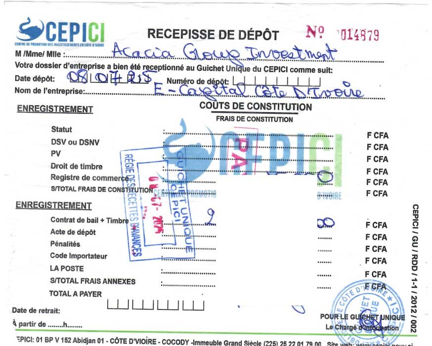 RECU-E-–-CAPITAL-COTE-D’IVOIRE--SARL
