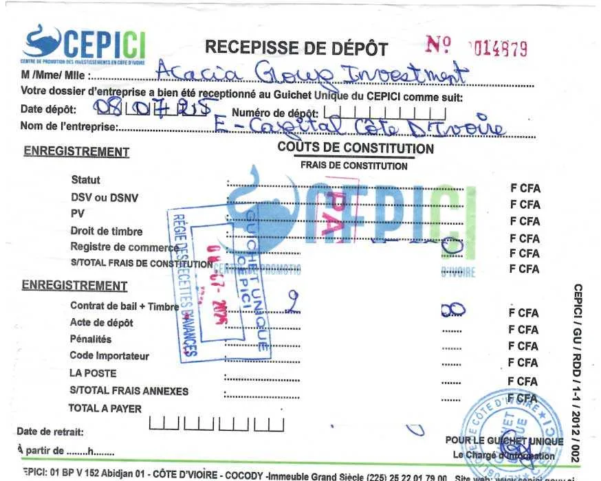 RECU-E-–-CAPITAL-COTE-D’IVOIRE--SARL